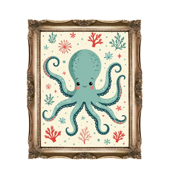 Cute Octopus Wall Art For Kids Nursery Ocean Animals Illustration Sea Life Decor Instant Multiple Sizes