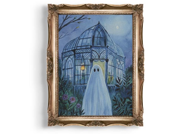 In Greenhouse Wall Art Spooky Season Decor Watercolor Print Cute Halloween