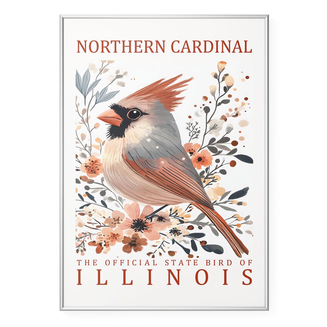 Northern Cardinal Illinois State Bird Vintage Botanical Poster