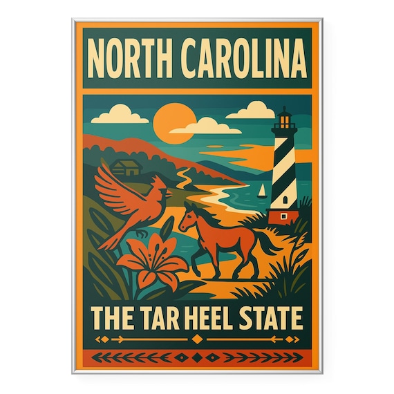 North Carolina Tar Heel State Retro Coast Lighthouse Scene Poster