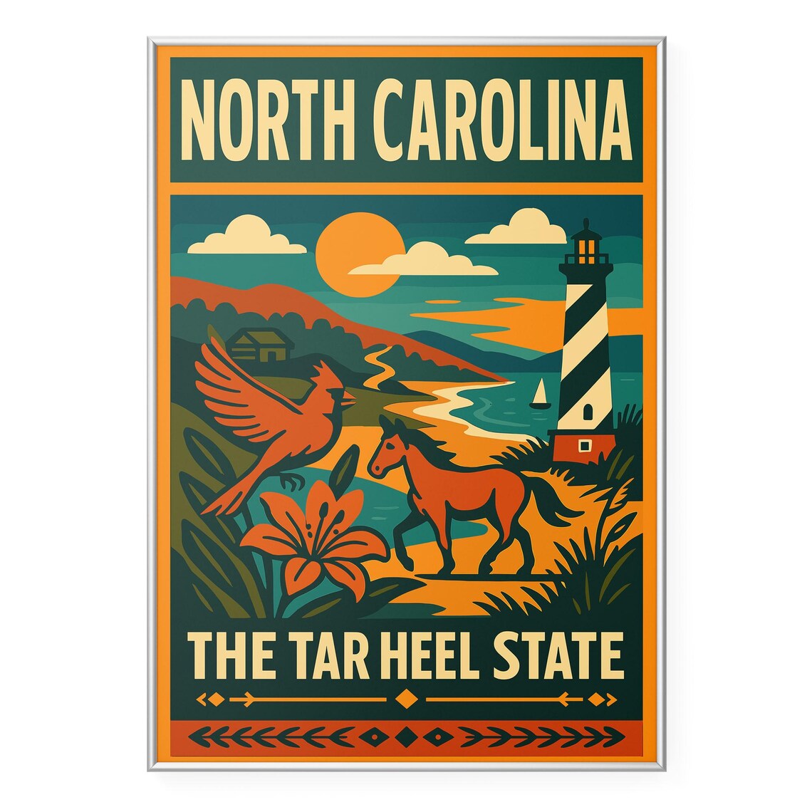 North Carolina Tar Heel State Retro Coast Lighthouse Scene Poster