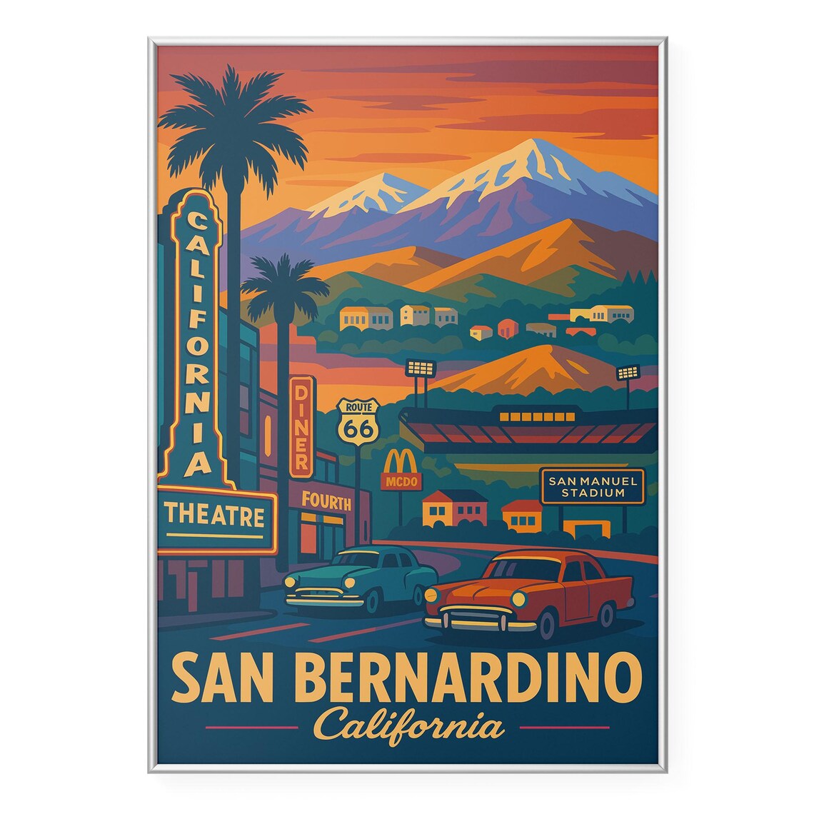 San Bernardino California Route 66 Retro Travel Illustration Poster
