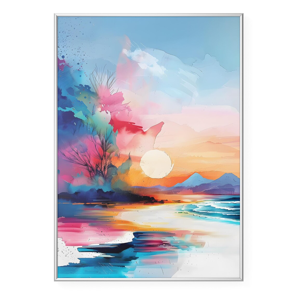 Vibrant Abstract Sunset Ocean Watercolor Sun Seascape Beach Wall Art