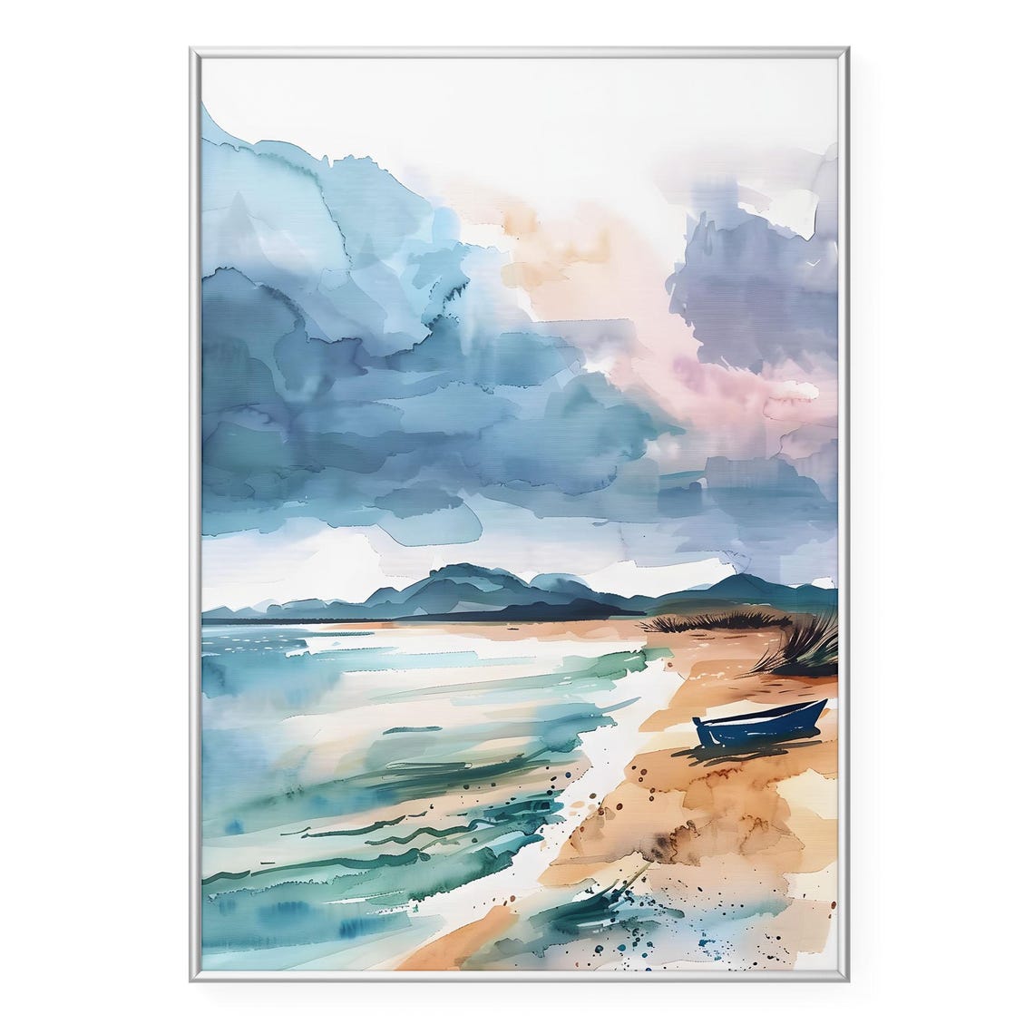 Tranquil Beach With Boat Watercolor Coastal Landscape Poster