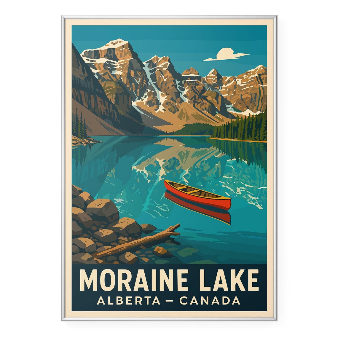 Moraine Lake Alberta Turquoise Water Red Canoe Canada Travel Poster