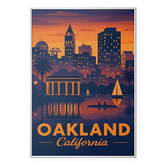 Oakland California Sunset Skyline Fox Theatre Lake Merritt Travel Poster