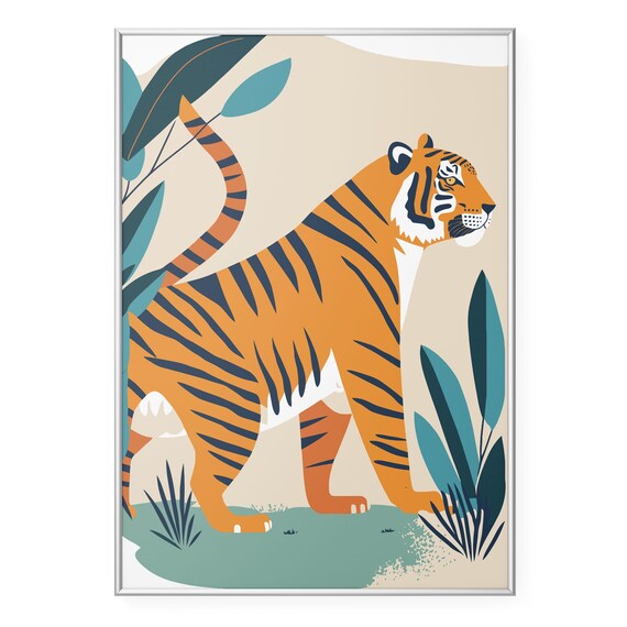 Standing Tiger Tropical Leaves Modern Illustration Art Poster