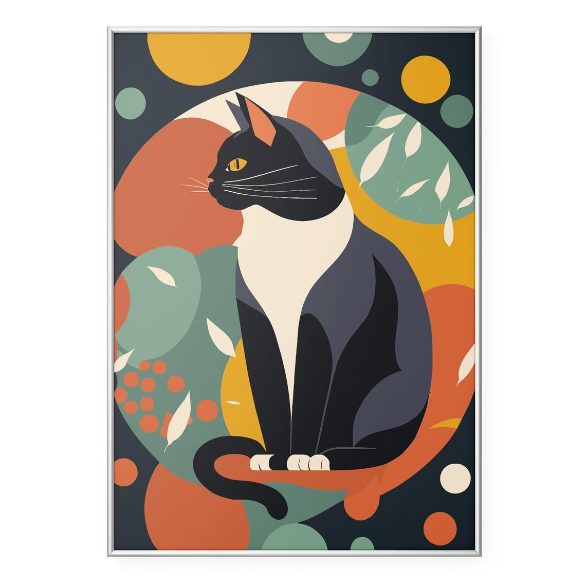 Mid Century Modern Black Cat Geometric Retro Abstract Wall Art