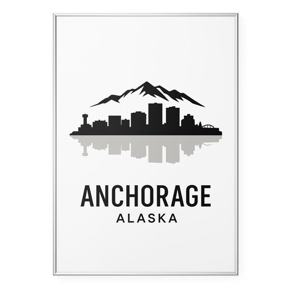 Anchorage Alaska Black White Skyline Mountain Silhouette Poster
