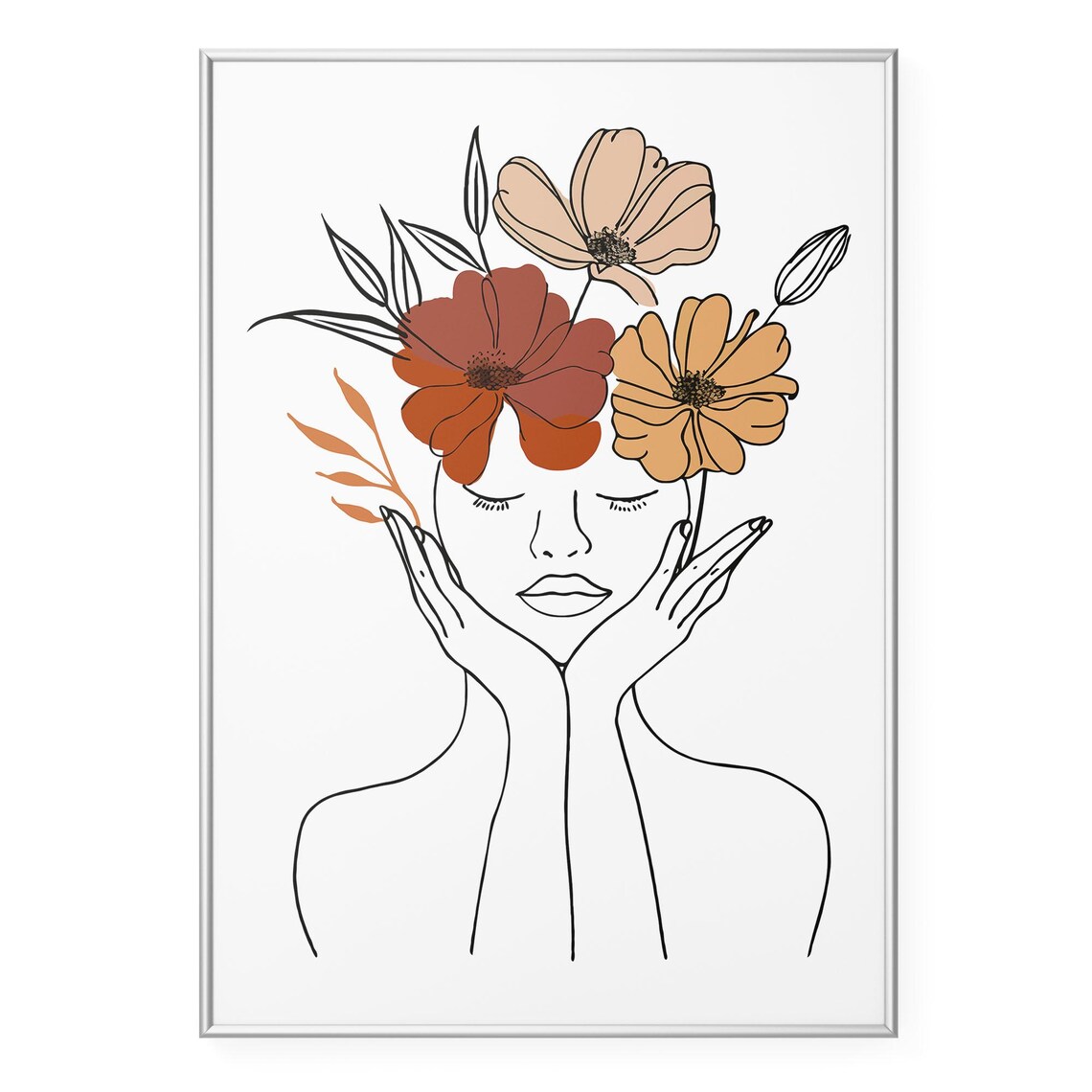 Terracotta Flower Crown Woman Line Drawing Botanical Art Print