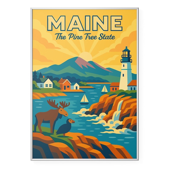 Maine The Pine Tree State Retro Lighthouse Coastal Scene Poster