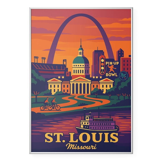 St. Louis Missouri Sunset Travel Poster with Gateway Arch Riverboat