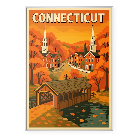 Connecticut Covered Bridge Autumn Village New England Travel Poster