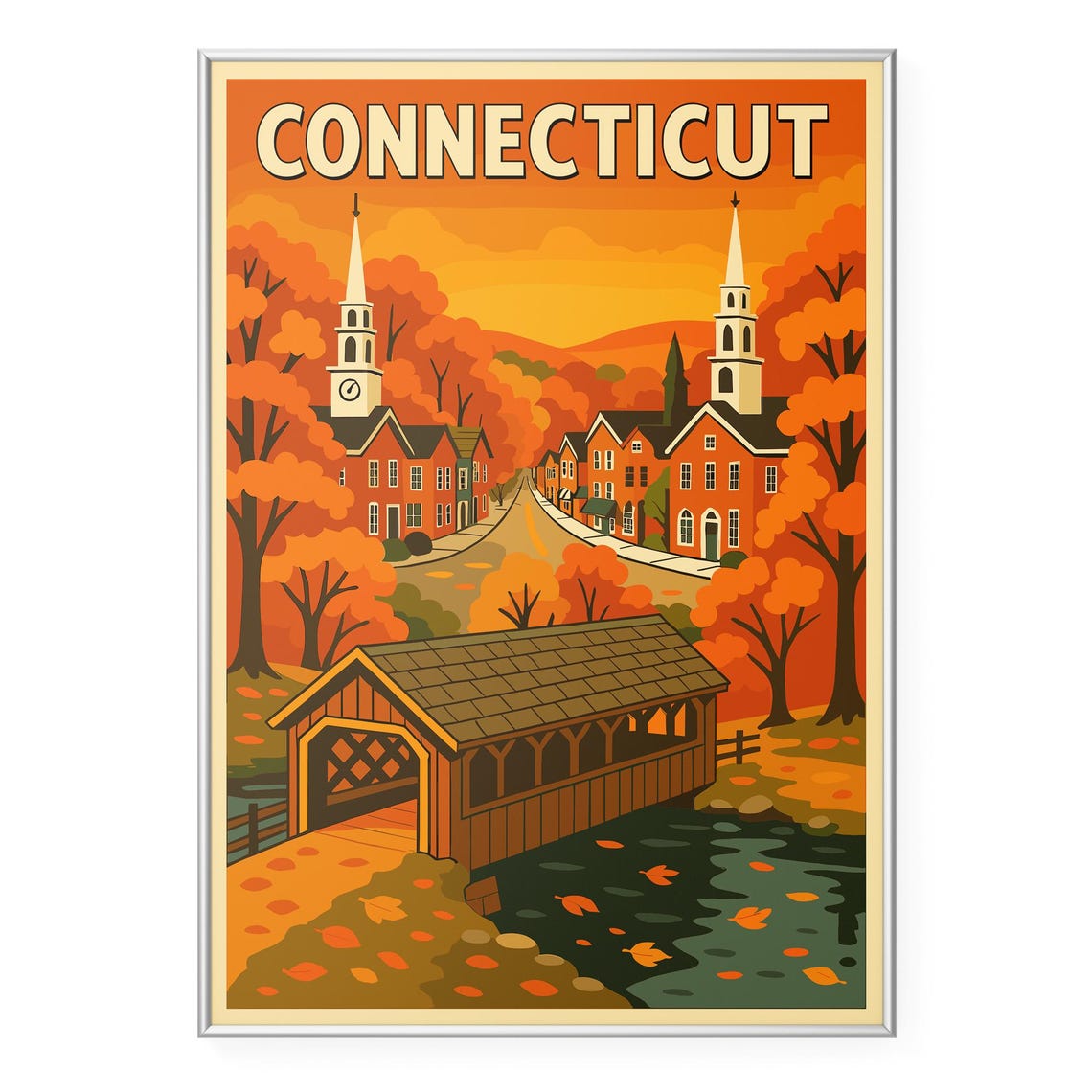 Connecticut Covered Bridge Autumn Village New England Travel Poster