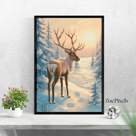 Reindeer in Snowy Winter Forest Illustration Print at Sunrise Wildlife