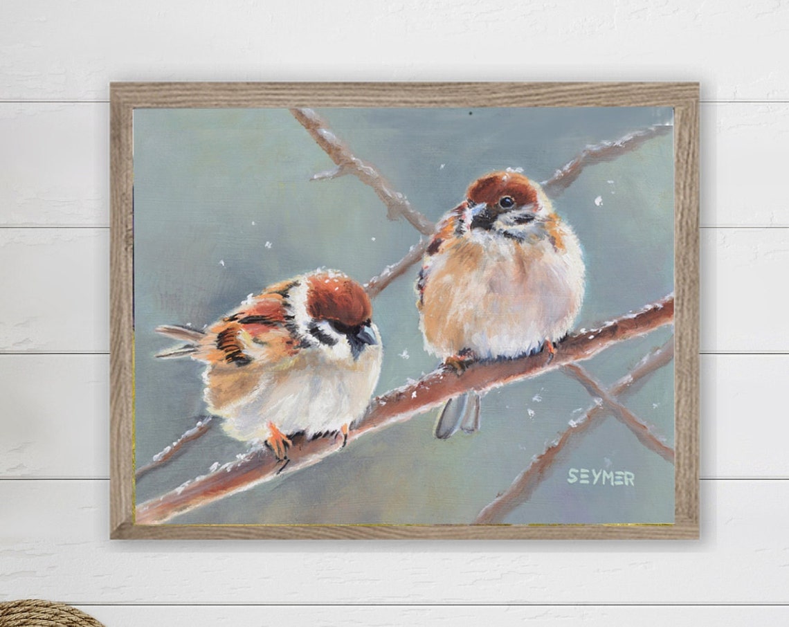 Two Sparrows On Snowy Branch Bird Oil Painting Winter Poster - Image 6