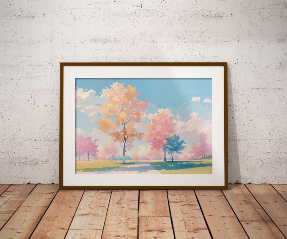 Pastel Spring Park Pink Blossom Trees Winding Path Art Poster - Image 2