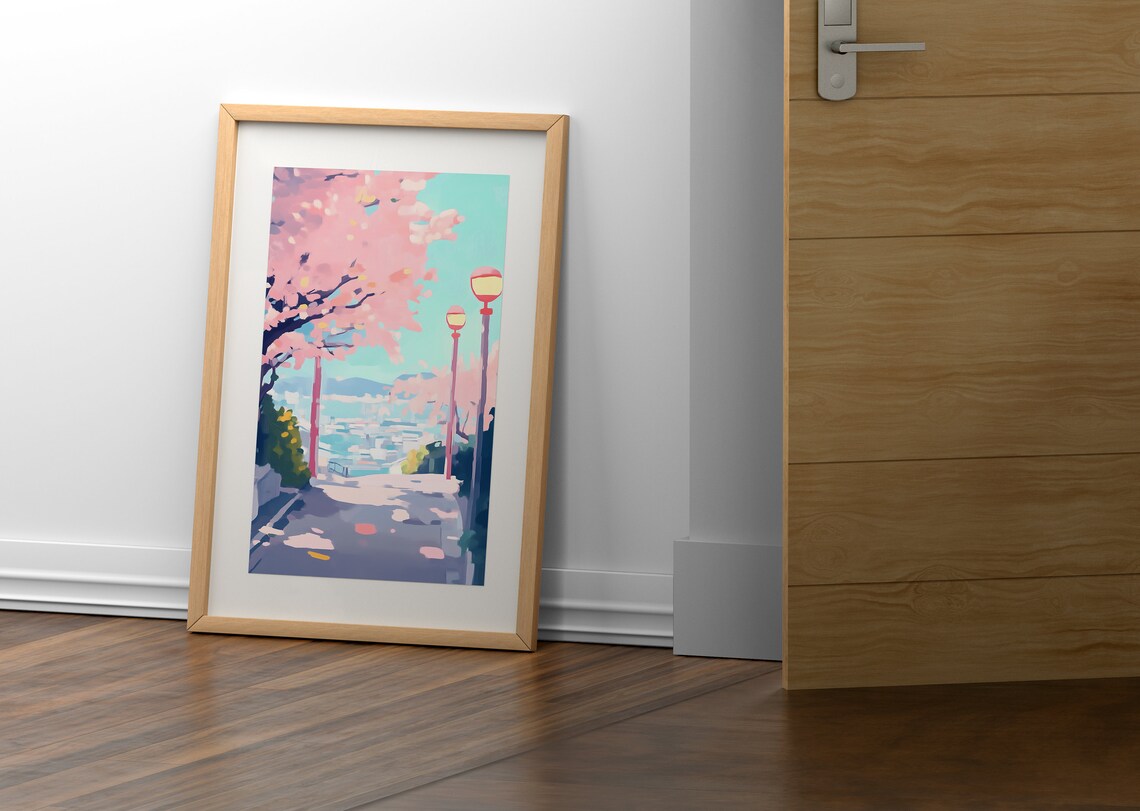 Cherry Blossom Street with Red Lamps Overlooking Harbor City Pastel Poster - Image 4