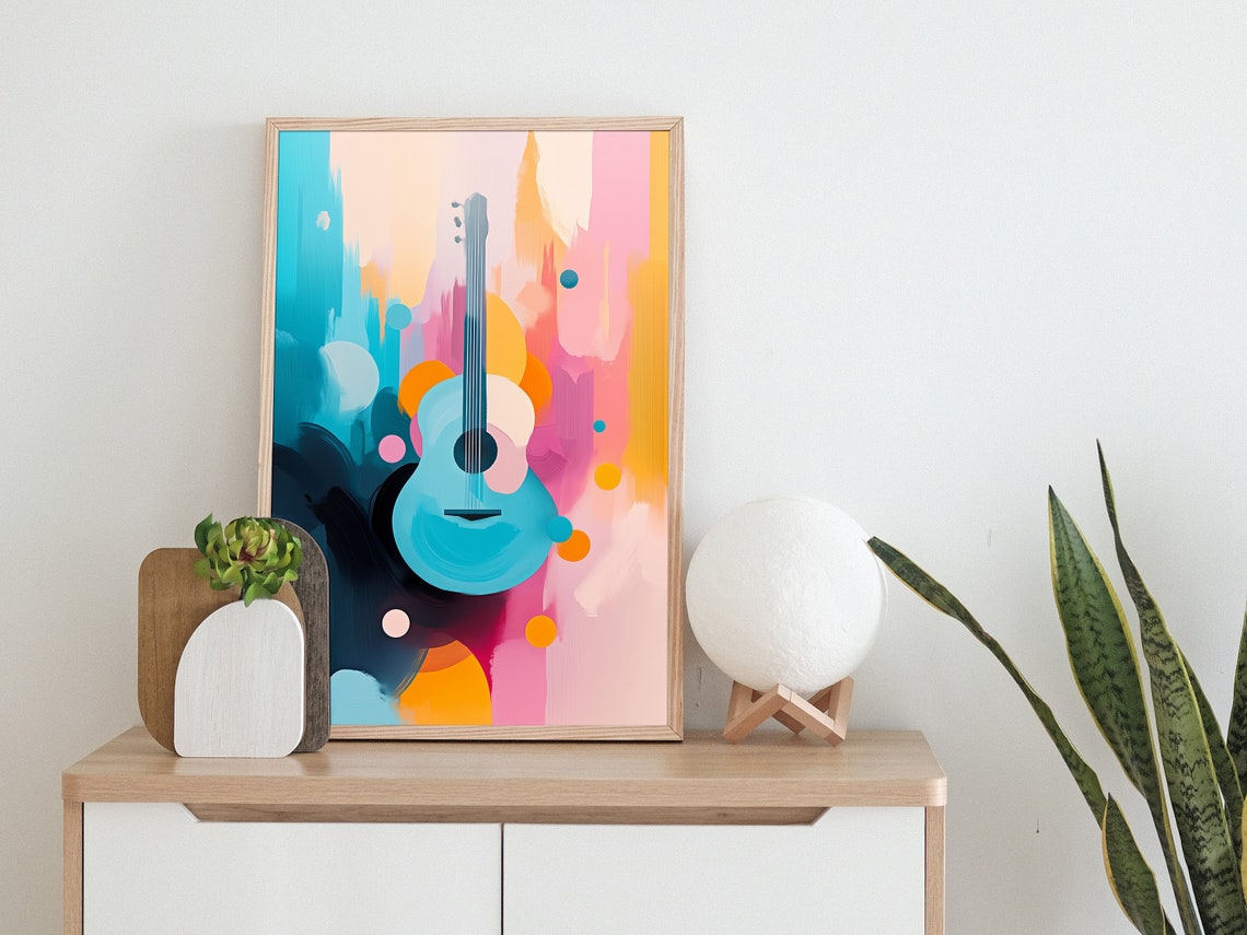 Blue Acoustic Guitar Bold Colorful Abstract Modern Music Poster - Image 2