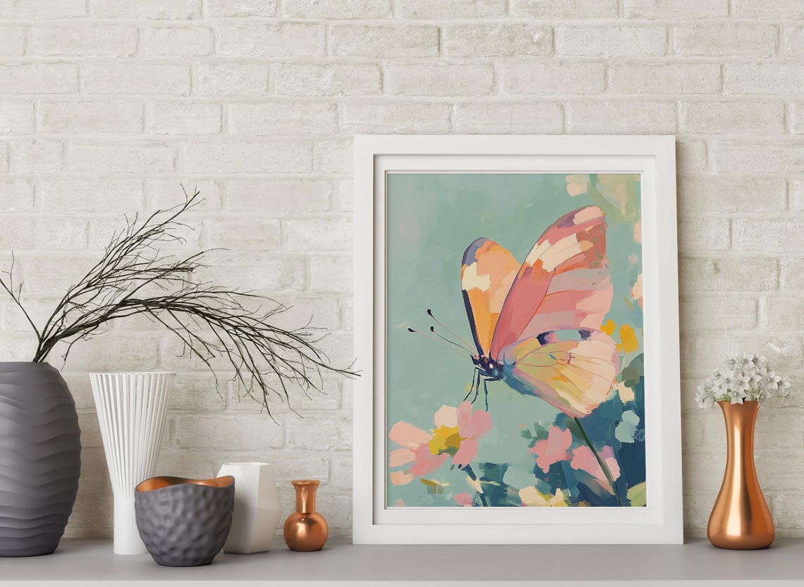 Pastel Butterfly On Pink Flowers Mint Green Garden Spring Art Poster - Image 4