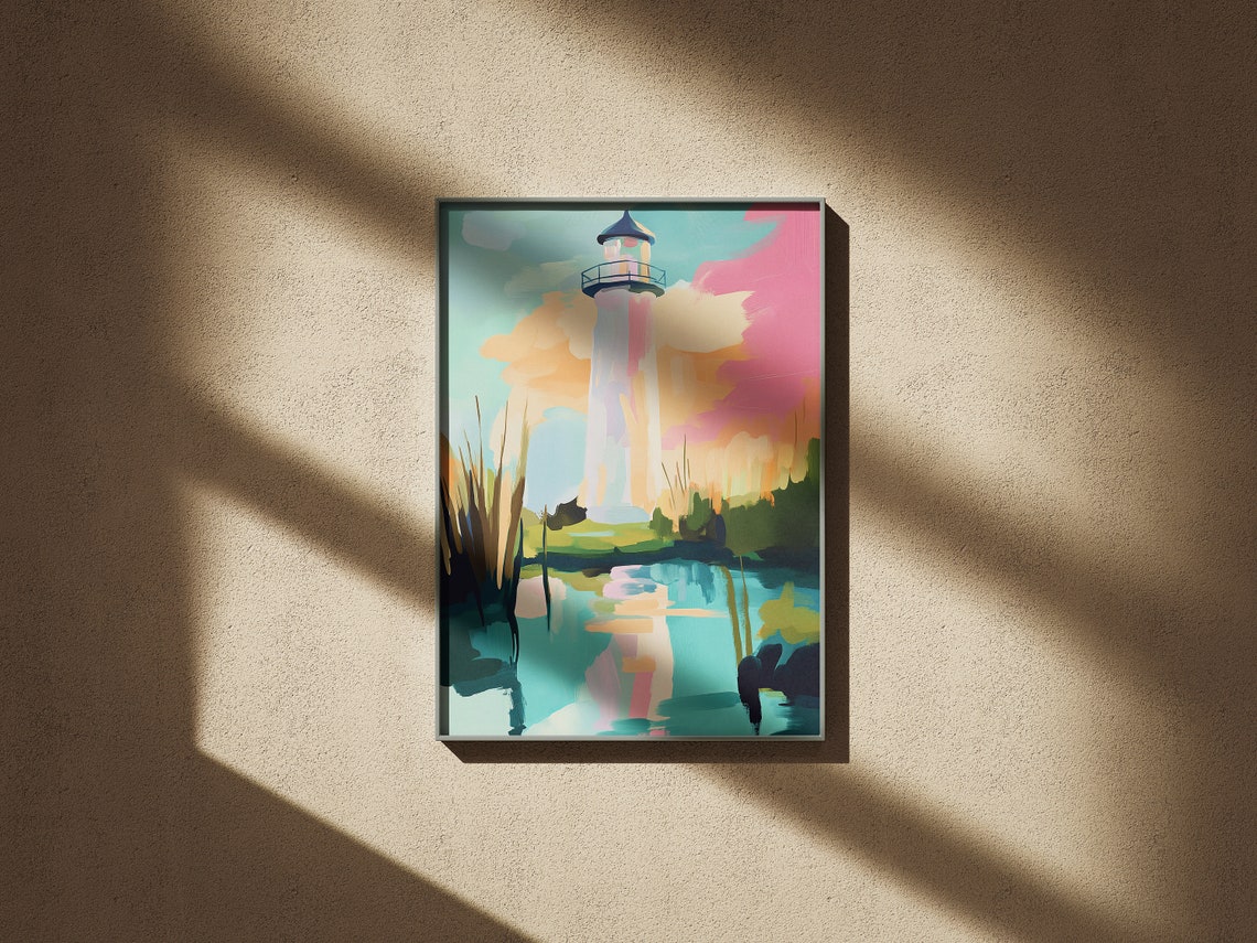 White Lighthouse Pastel Sunset Sky Coastal Harbor Wall Art Print - Image 2