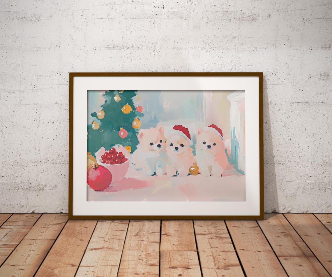 Three White Puppies Red Santa Hats Christmas Tree Holiday Poster - Image 2