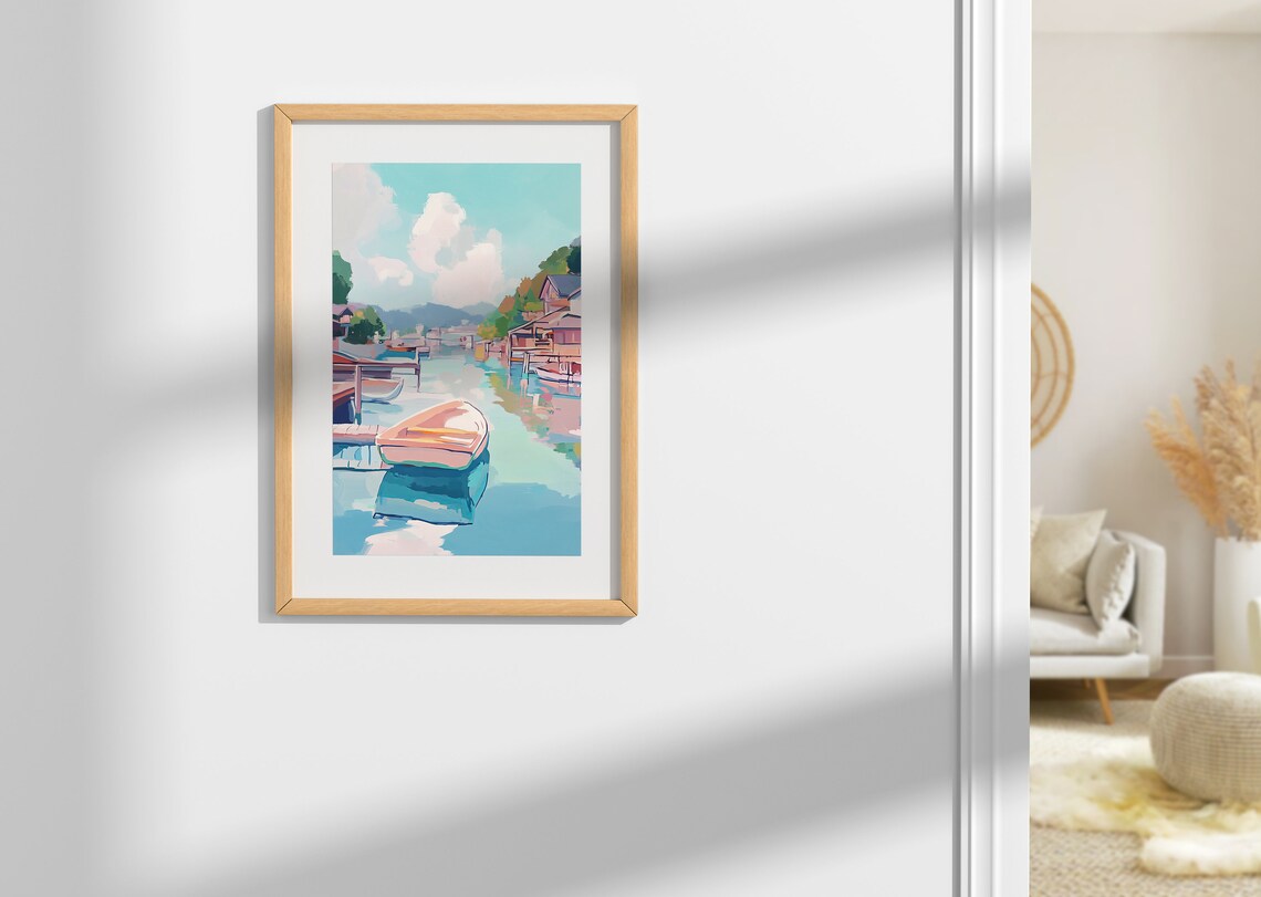 Lakeside Fishing Village With Boat Colorful Harbor Art Poster - Image 2