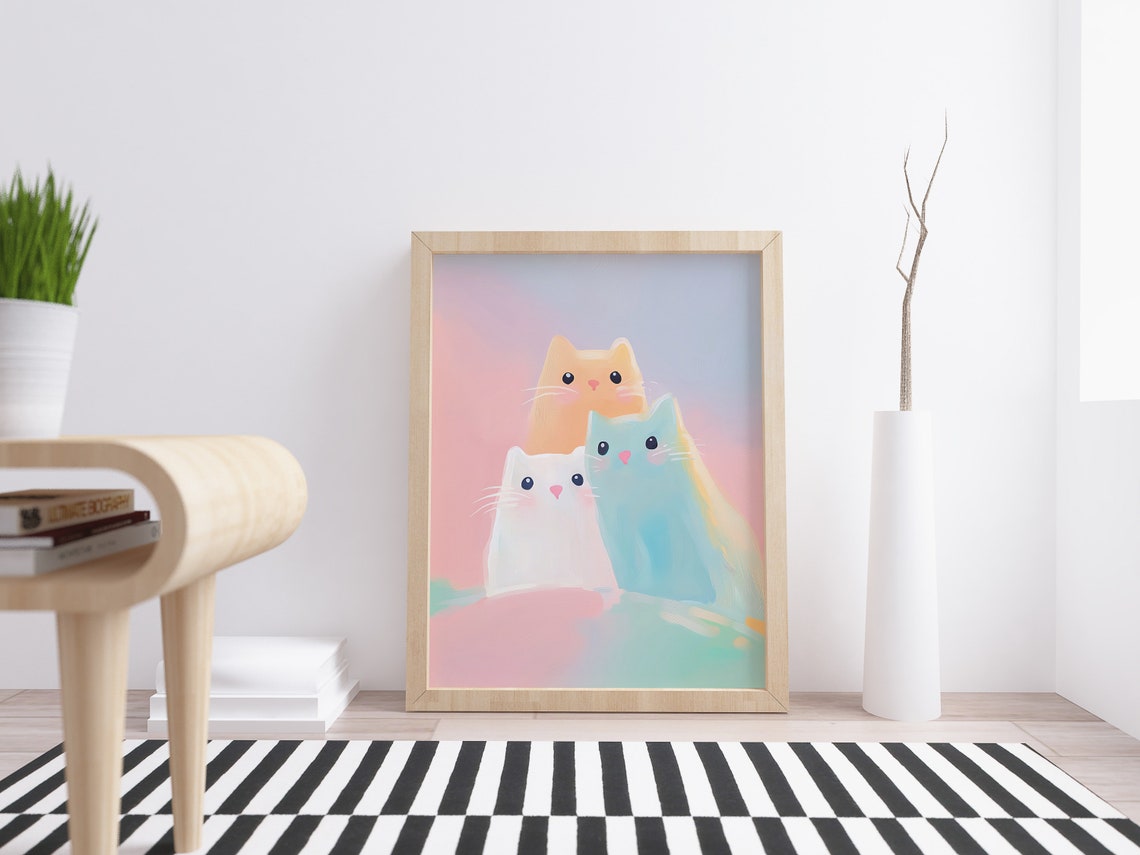 Three Pastel Cartoon Cats Cute Kawaii Feline Friends Wall Art - Image 2