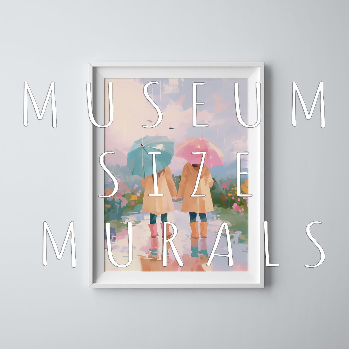 Two Girls Holding Hands Under Umbrellas In A Rainy Garden Poster - Image 3