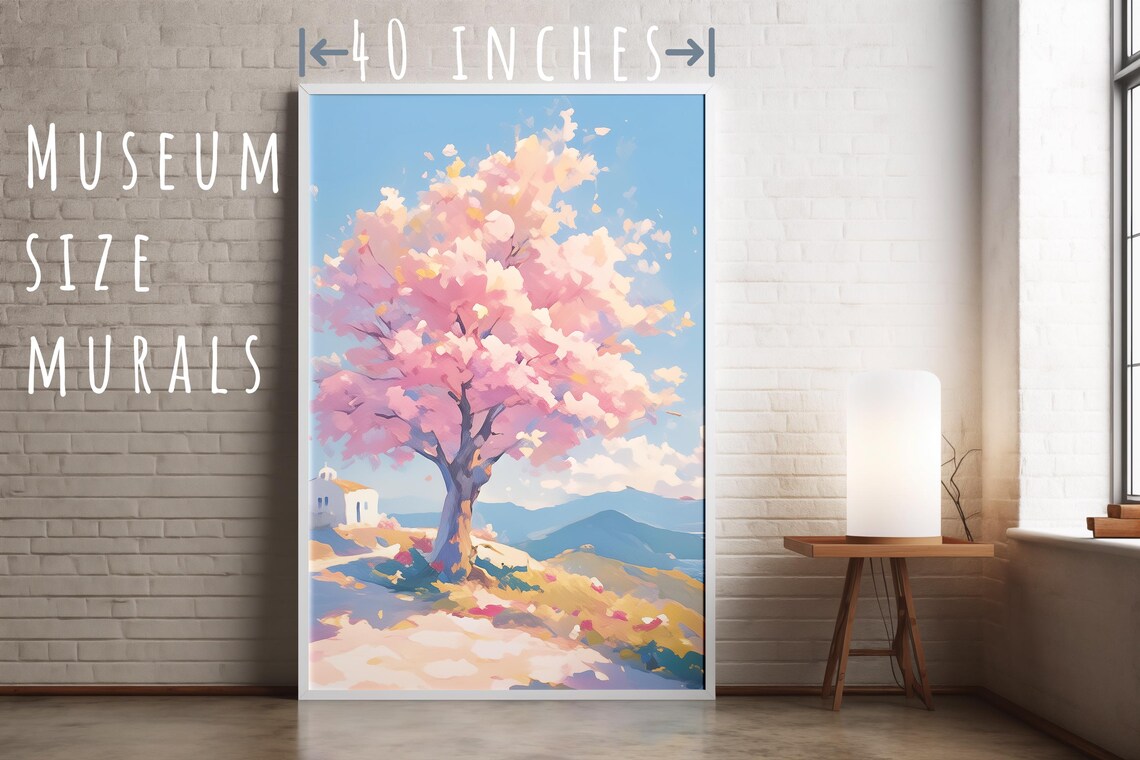Cherry Blossom Tree Full Bloom Hill Overlooking Sea Mountains Spring Poster - Image 5