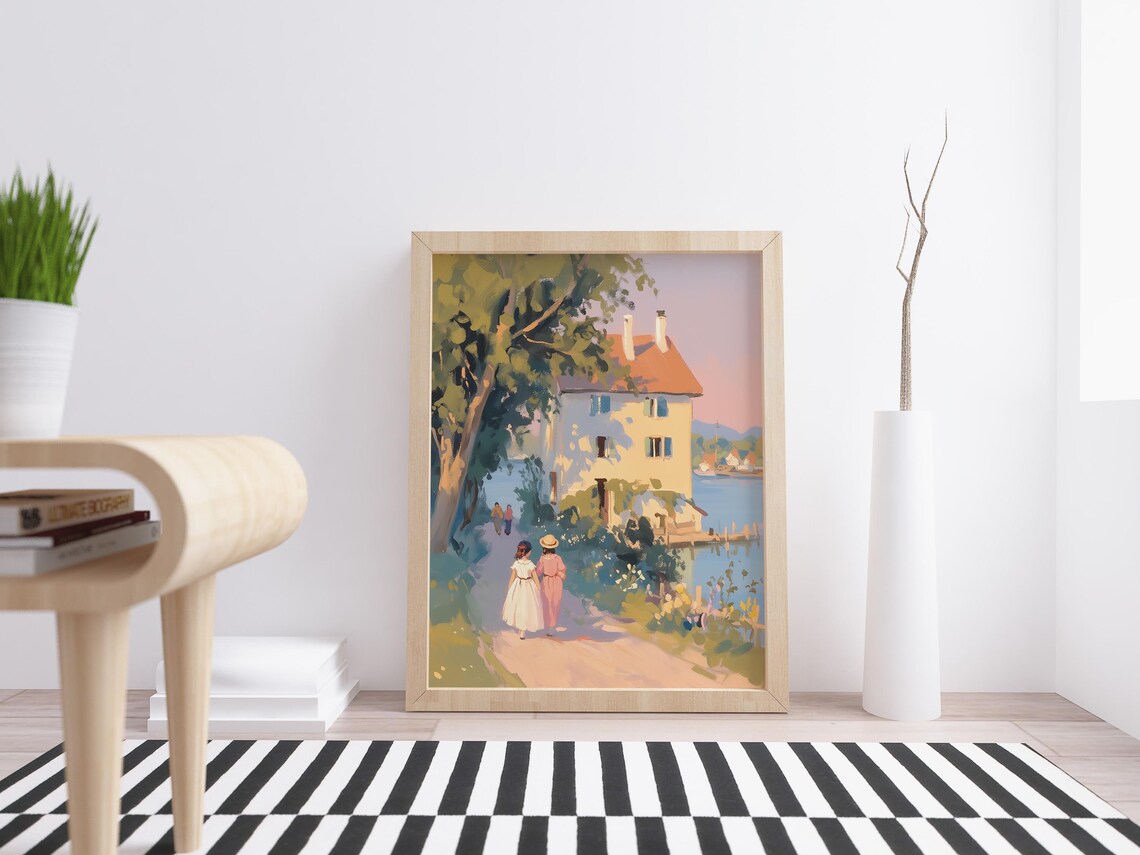 Sunlit European Lakeside Villa With Blue Shutters Vintage Travel Poster - Image 4