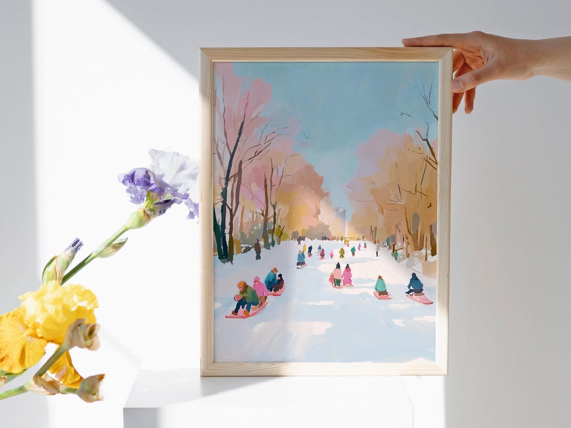 Kids Sledding Down A Snowy Pastel Park Hill Winter Holiday Art Poster - Image 2
