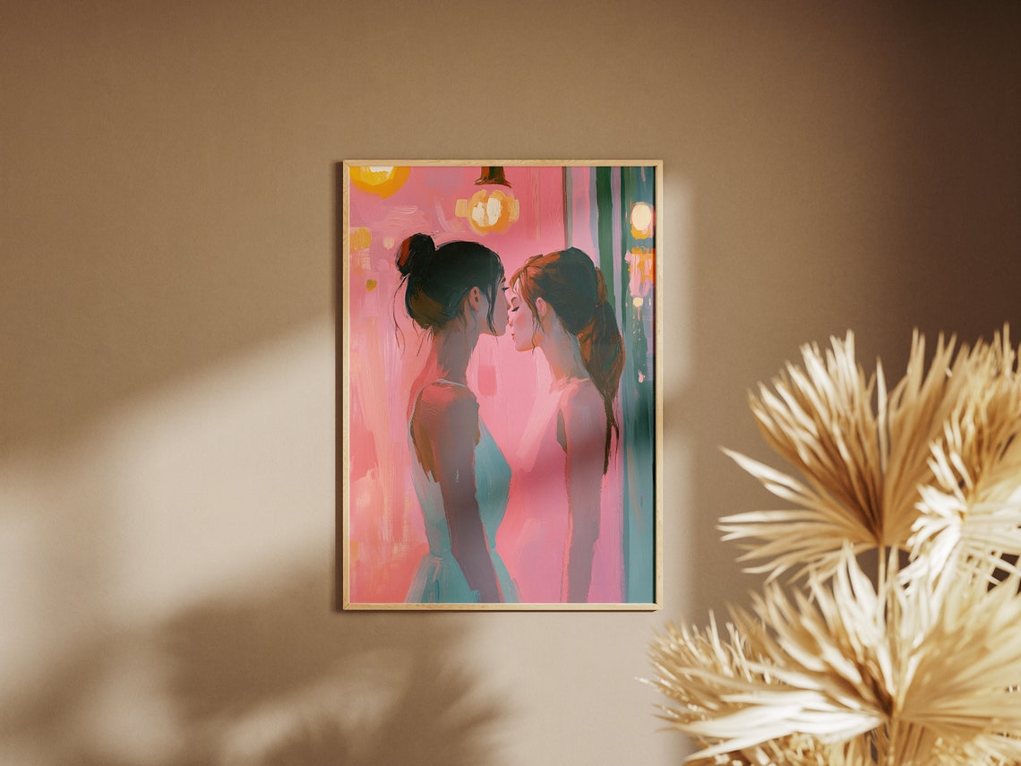 Two Women Kissing Pink Cafe Lights Romantic Pastel Art Print - Image 2