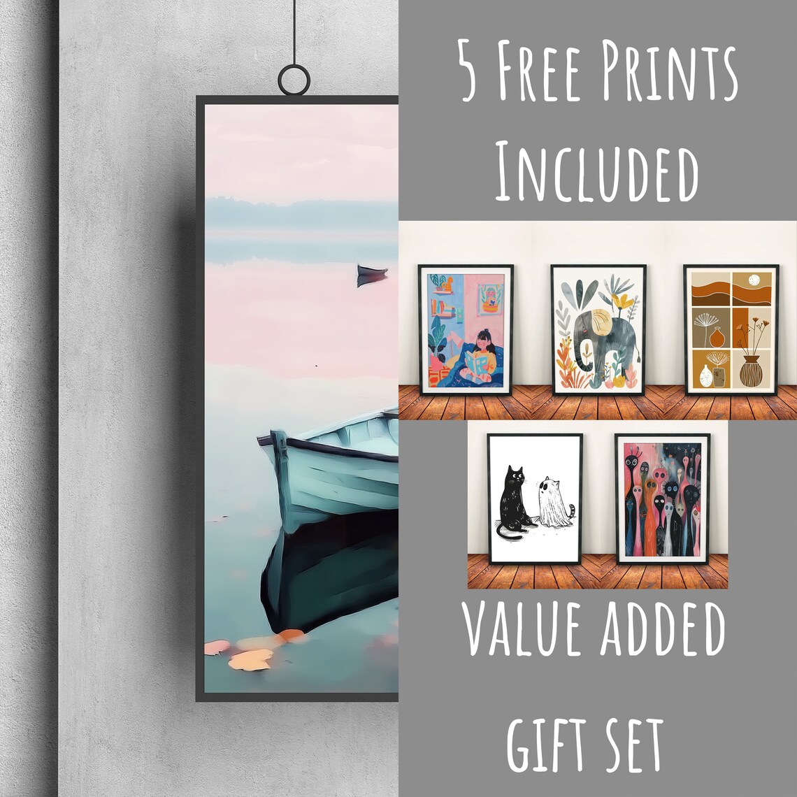 Wooden Rowboat Drifting on Blush Pink Sunset Water Pastel Art Poster - Image 3