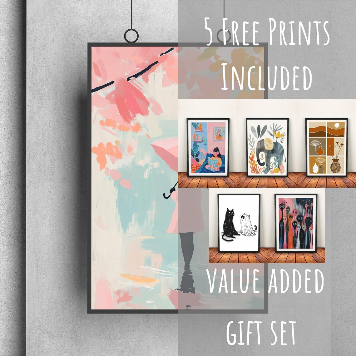 Girl with Pink Umbrella Walking in Rainy Autumn Pastel Coquette Wall Poster - Image 3