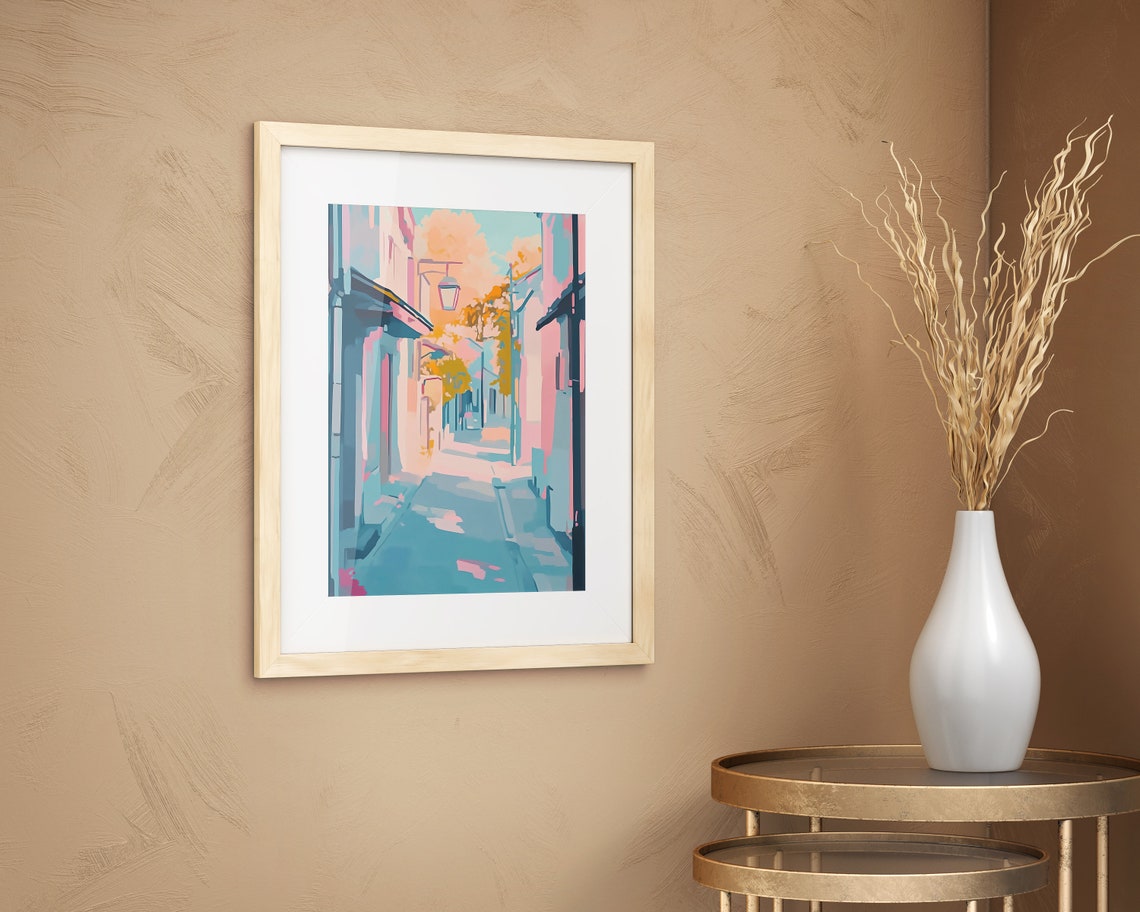 Dreamy Pastel Alley With Vintage Lamp Post Old Street Art Poster - Image 4