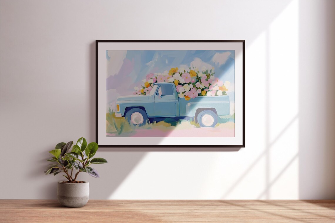 Vintage Blue Pickup Truck Full Of Flowers Pastel Spring Painting Poster - Image 3