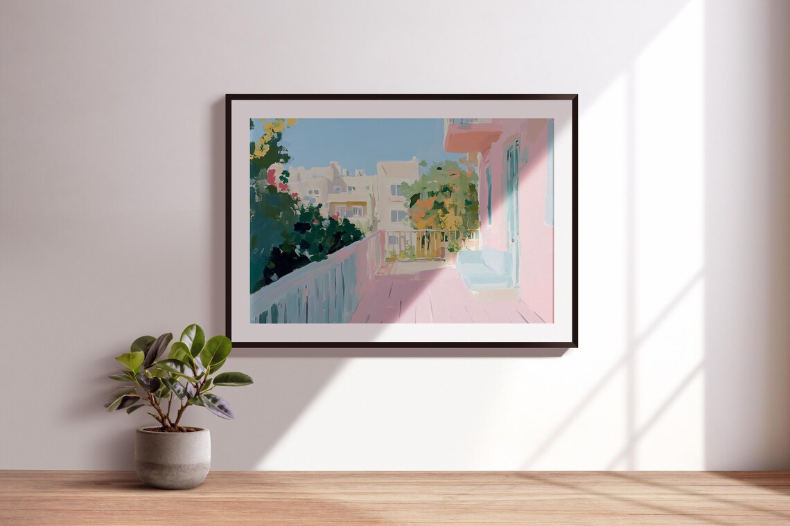 Pink Balcony Terrace Overlooking Sunny City Buildings Pastel View Poster - Image 3