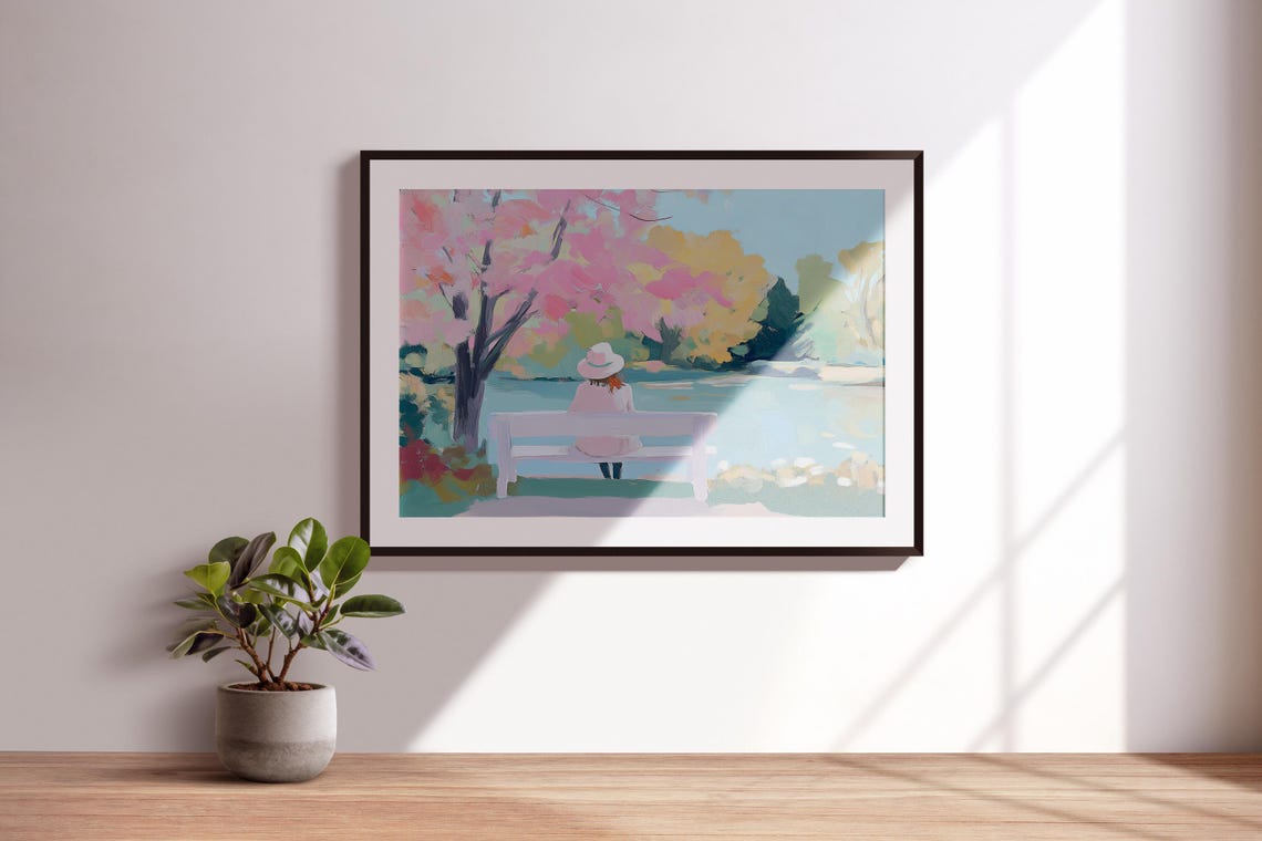 Woman on Park Bench by Lake Under Cherry Blossoms Pastel Serene Poster - Image 3