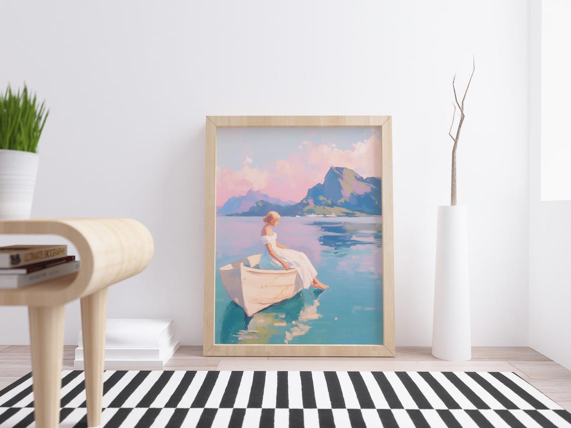 Woman In White Dress Sitting In Rowboat On Calm Turquoise Lake Poster - Image 4