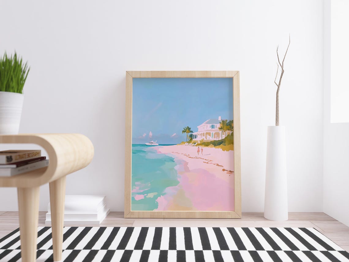 White Beach Villa Palm Trees Turquoise Water Pink Sand Seaside Poster - Image 4