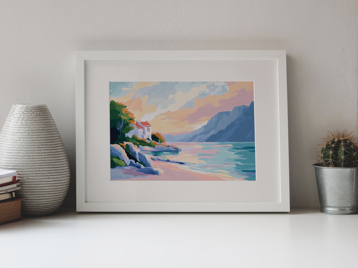 White House with Red Roof on Pink Beach Coastal Sunset View Poster - Image 3