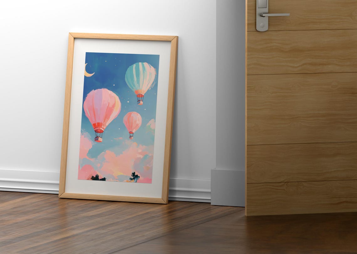 Pink Hot Air Balloons Starry Sky Crescent Moon Night Clouds Art Poster - Image 2