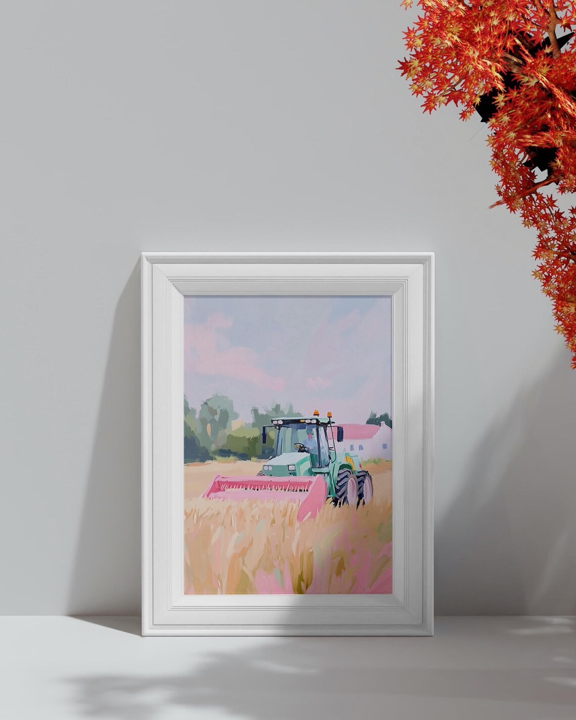 Green Tractor Harvesting Golden Wheat Field Farm Harvest Art Poster - Image 4