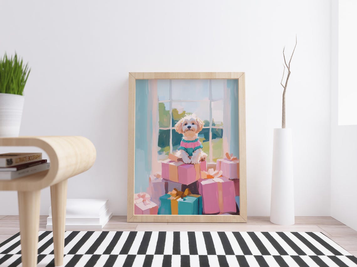 Fluffy Puppy In Striped Sweater On Gifts By Bright Window Print - Image 2