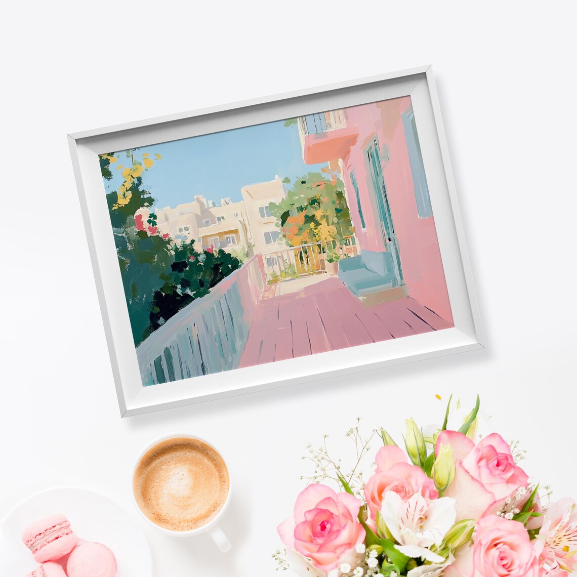 Pink Balcony Terrace Overlooking Sunny City Buildings Pastel View Poster - Image 5