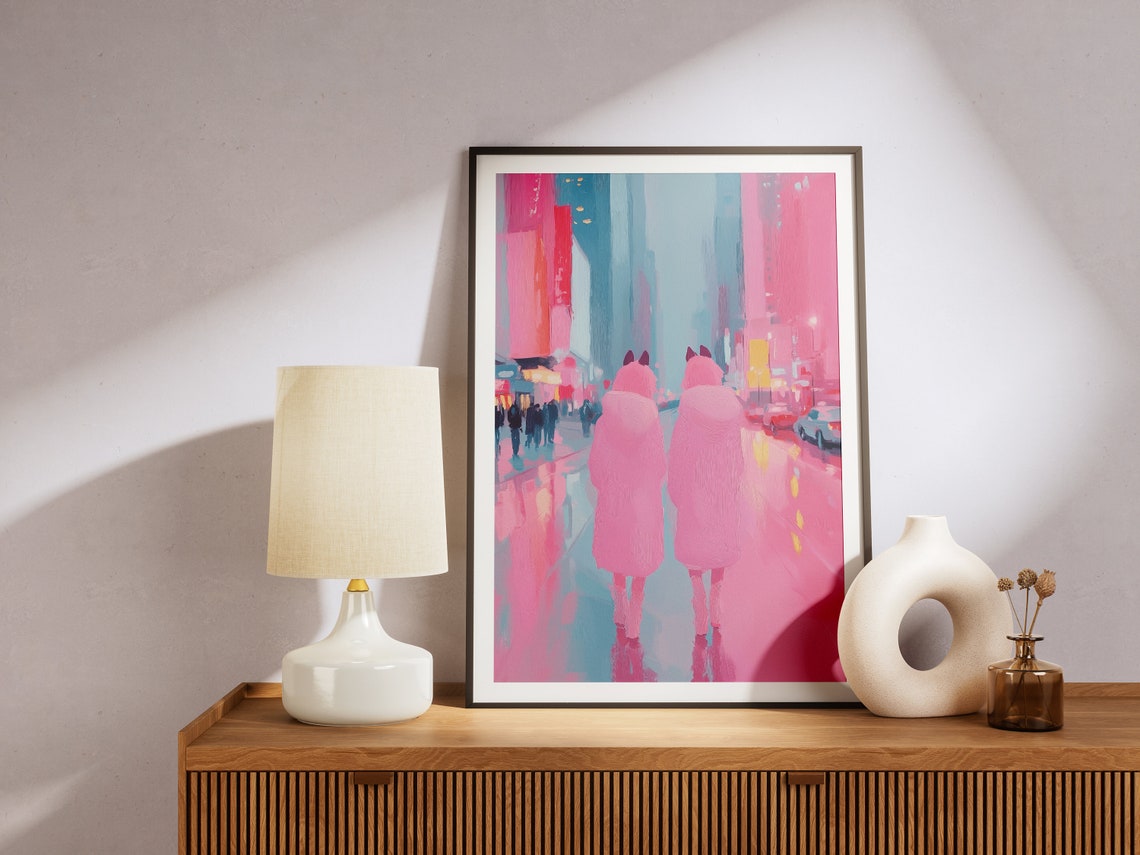 Two Girls In Pink Coats Neon City Night Rain Walk Art Poster - Image 2