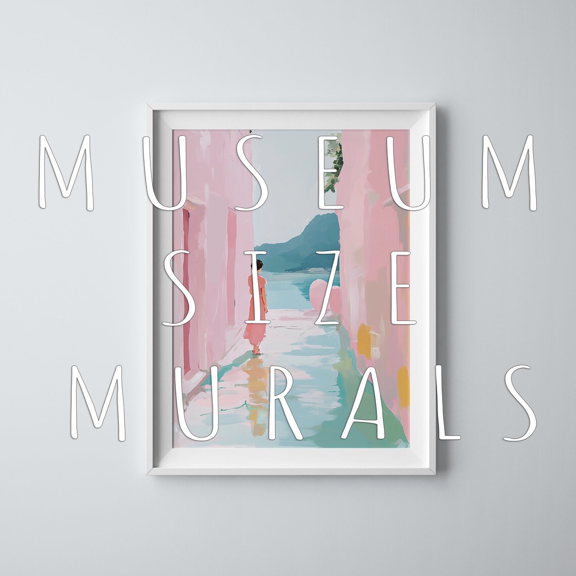 Woman Walking Pink Alley Toward the Sea Coastal Travel Poster - Image 3