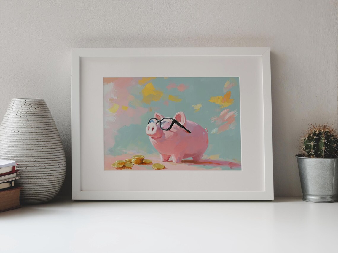 Pink Piggy Bank Glasses Gold Coin Stacks Cute Savings Art Print - Image 3