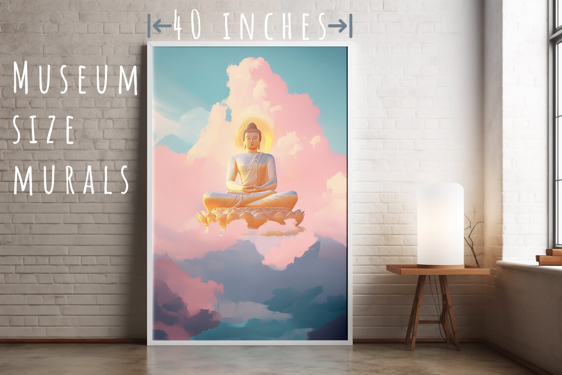 Golden Buddha on Lotus Throne in Pink Clouds Pastel Meditation Wall Poster - Image 5
